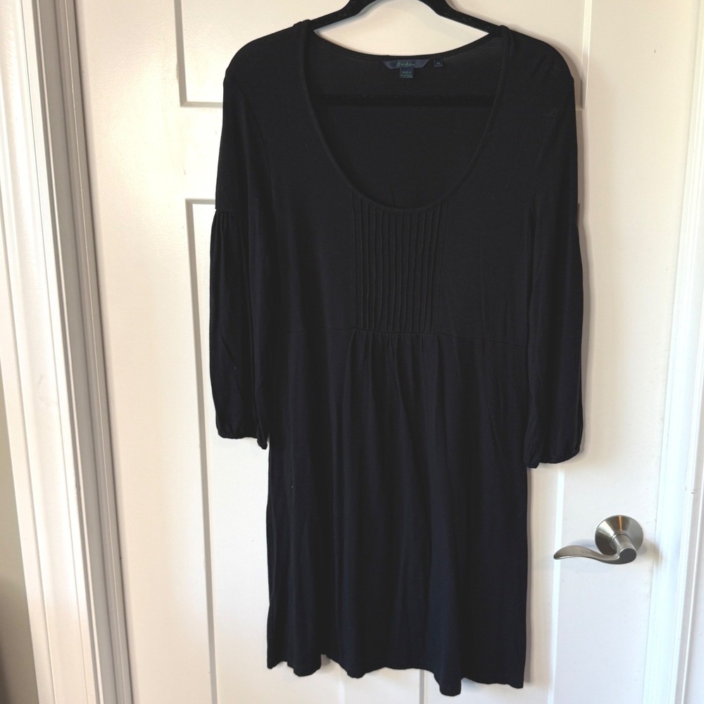 Boden Black Pintuck Empire Waist Scoop Neck 3/4 Sleeve Jersey Dress 14